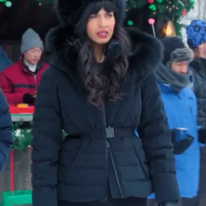 A Merry Little Ex-Mas Jameela Jamil Black Puffer Jacket