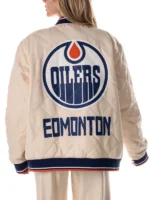Edmonton Oilers Cream Quilted Bomber Jacket 2025