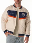 Edmonton Oilers Cream Quilted Bomber Jacket 2025