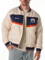 Edmonton Oilers Cream Quilted Bomber Jacket 2025