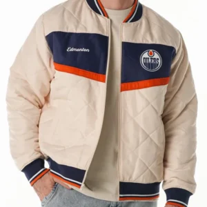 Edmonton Oilers Cream Quilted Bomber Jacket 2025