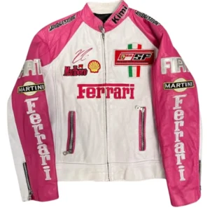 Ferrari Pink White Racing Leather Jacket Unisex