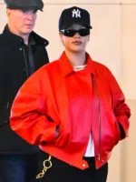 Rihanna Santa Red Leather Bomber Jacke