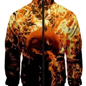 Halloween Fire Pumpkin Bomber Jacket