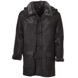 Hooded Brown Leather Toggle Winter Coat