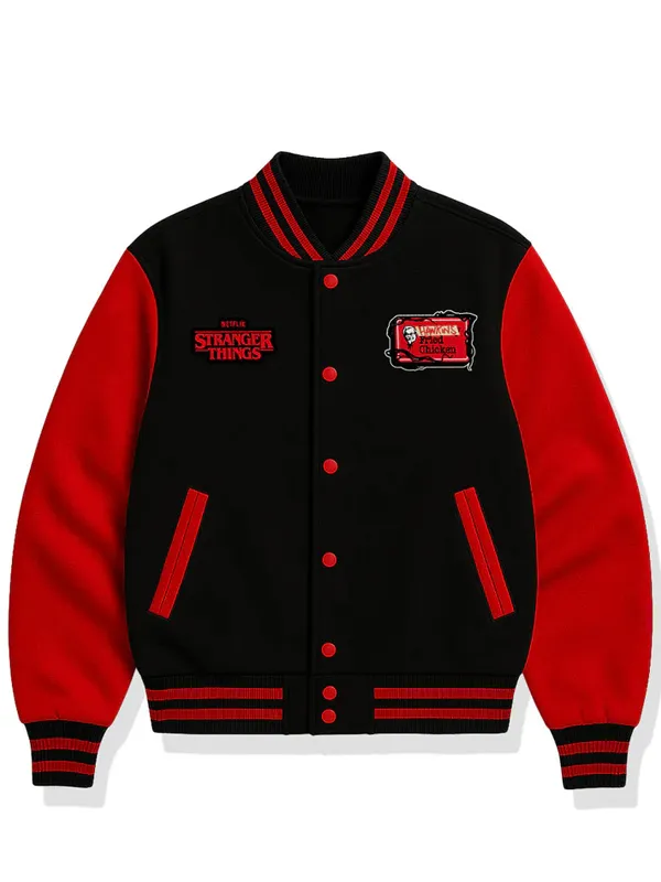 KFC X Stranger Things S05 Black Wool Varsity Jacket KFC X Stranger Things S05 Black Wool Varsity Jacket