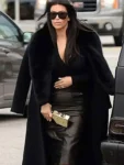 American Actress Kim Kardashian Black Fur Coat