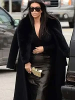 American Actress Kim Kardashian Black Fur Coat