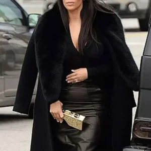 American Actress Kim Kardashian Black Fur Coat