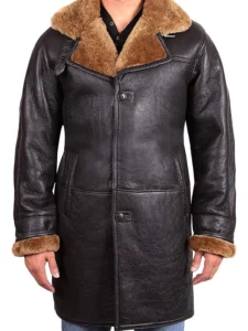 Handmade Brown Leather Shearling Toggle Coat