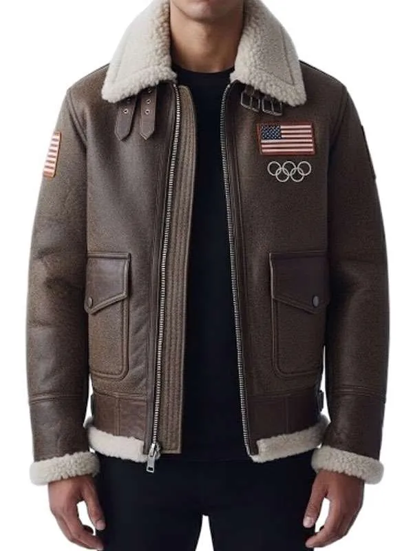 Team USA Brown Leather Pilot Jacket Olympics 2026 Team USA Brown Leather Pilot Jacket Olympics 2026