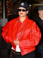 Rihanna Santa Red Leather Bomber Jacket - Image 2