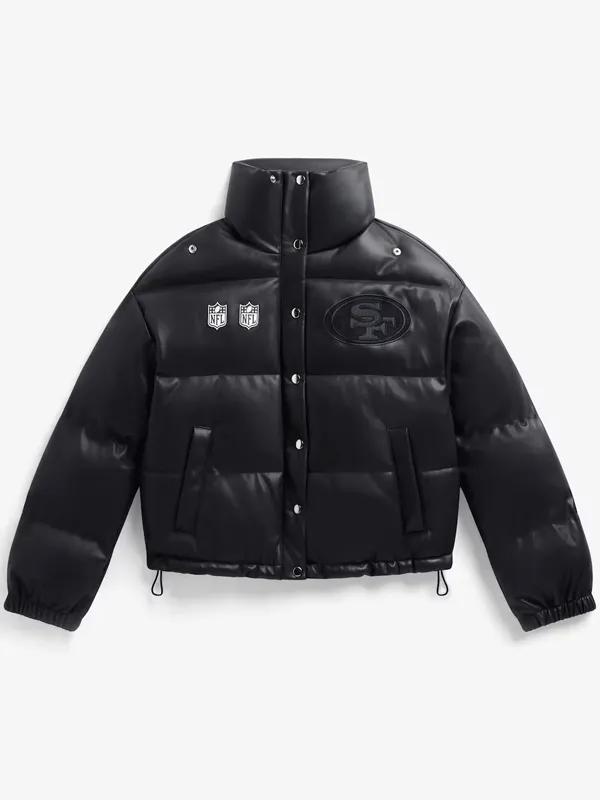 San Francisco 49ers Black Faux Leather Puffer Jacket San Francisco 49ers Black Faux Leather Puffer Jacket