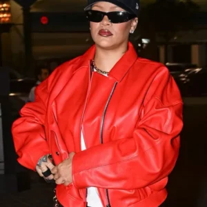 Rihanna Santa Red Leather Bomber Jacke