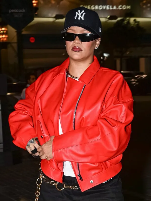 Rihanna Santa Red Leather Bomber Jacke