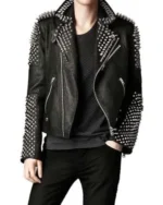 Mens Black Spikes Studded Motorcycle Jacket