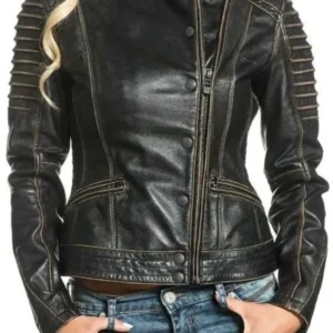 Women’s Vintage Cropped Distressed Black Leather Jacket
