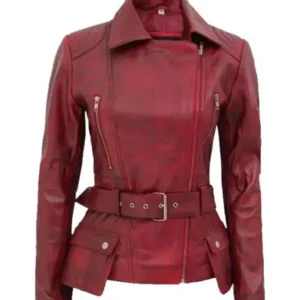 Womens Distressed Maroon Biker Leather Jacket