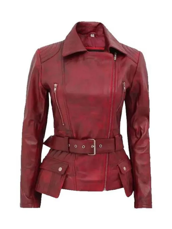 Womens Distressed Maroon Biker Leather Jacket