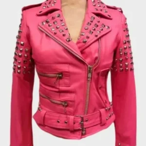 Biker Studded Women’s Pink Leather Jacket