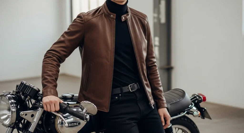Brown Leather Café Racer Jacket