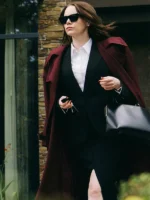 Bugonia 2025 Michelle Maroon Wool Trench Coat