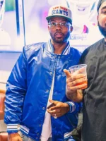 New York Giants ItsBizkit Blue Satin Varsity Jacket