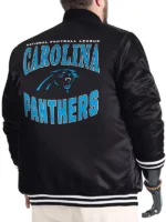 NFL Carolina Panthers Black Satin Varsity Jacket - Image 2