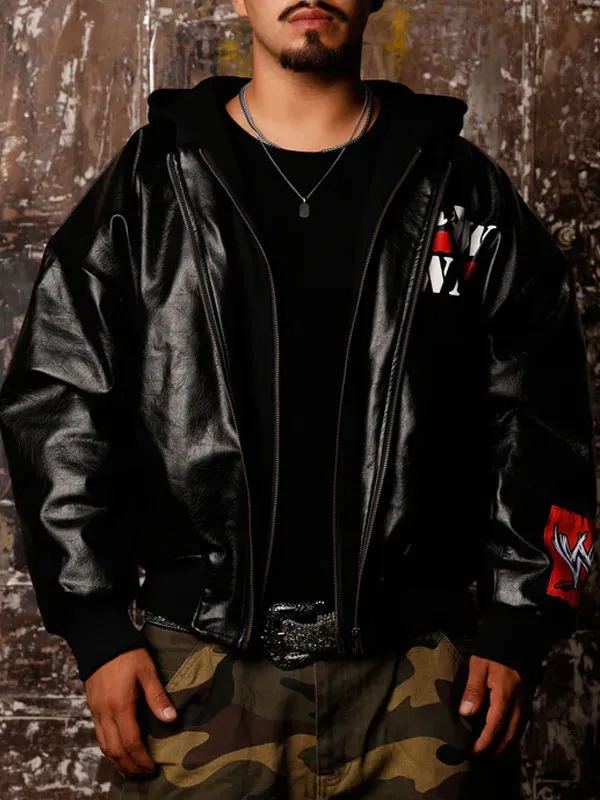 WWE Raw Is War x Loiter Black Leather Hooded Jacket