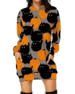 Womens Halloween Black Cat Pumpkin Long Hoodie