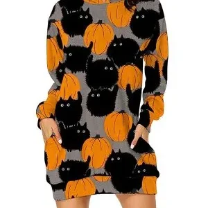 Womens Halloween Black Cat Pumpkin Long Hoodie