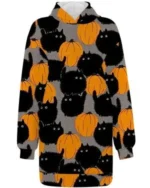 Womens Halloween Black Cat Pumpkin Long Hoodie