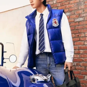 Jung Hae-in RWB Crest Shiny Down Blue Puffer Vest