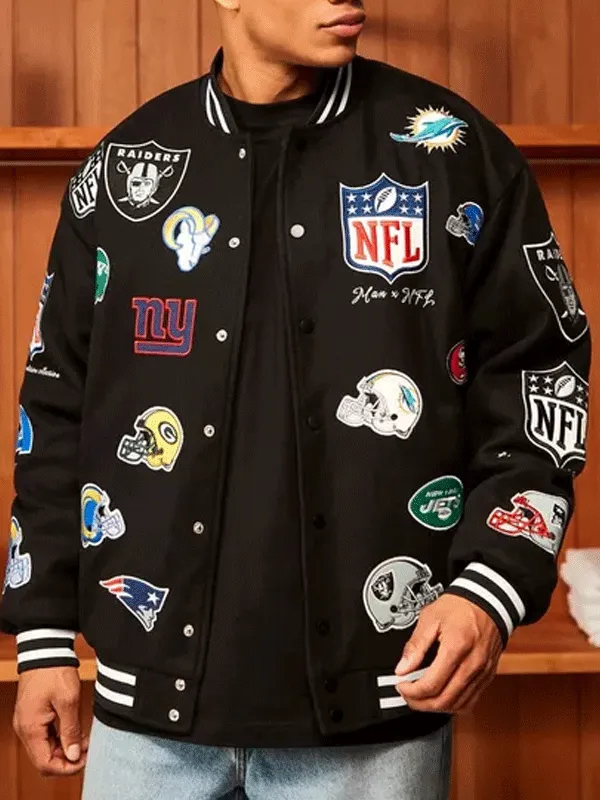 NFL All Team Badges Black Wool Varsity Jacket NFL All Team Badges Black Wool Varsity Jacket