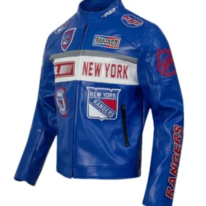 NHL New York Rangers Blue Moto Jacket Men’s Hockey Biker Leather Coat