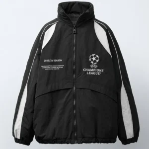 UEFA Champions League 2025 Black Hooded Jacket Men’s Soccer Fan Coat