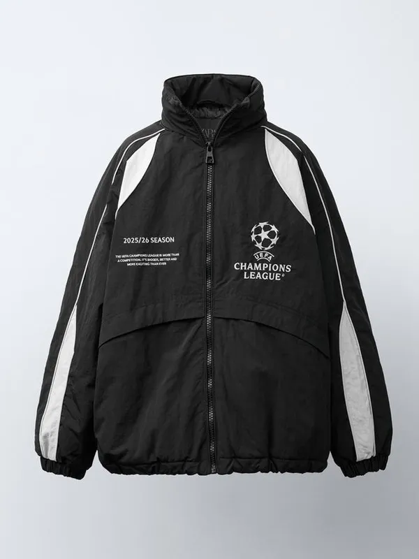 UEFA Champions League 2025 Black Hooded Jacket Men’s Soccer Fan Coat UEFA Champions League 2025 Black Hooded Jacket Men’s Soccer Fan Coat